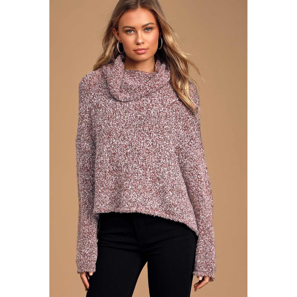 Free People Bittersweet Cowl Neck Boucle Knit Sweater XS Burgundy White‎ NWT